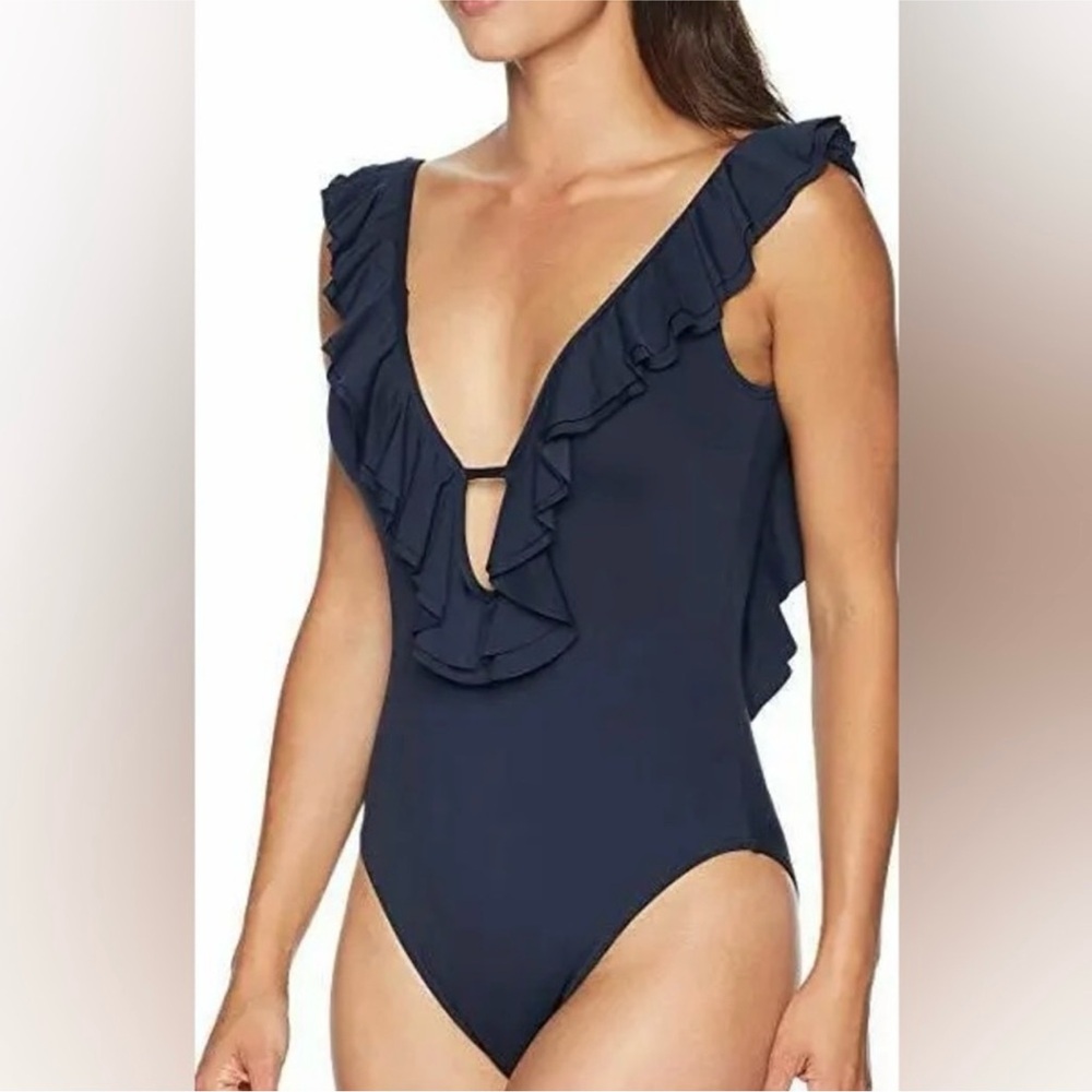 MICHAEL MICHAEL KORS RUFFLE DEEP V ONE PIECE SWIMSUIT - SIZE 10